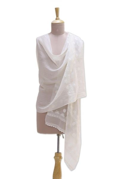 Alternate image for Warm White Embroidered Sheer Cotton and Silk Blend Shawl Classic Beauty