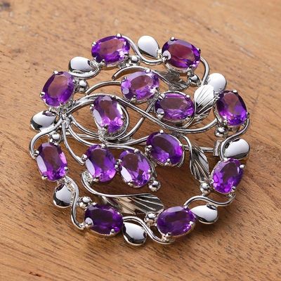 Alternate image for Vine-Themed Rhodium-Plated 14-Carat Oval Amethyst Brooch Pin Immaculate Purple