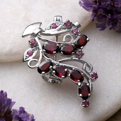 Alternate image for Leafy Rhodium-Plated Three-Carat Garnet and Ruby Brooch Pin Crimson Liaison