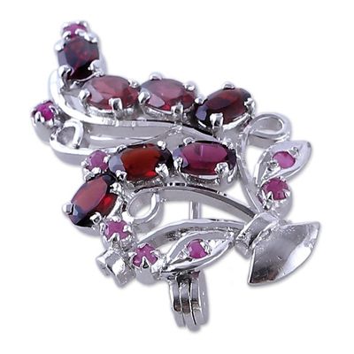 Alternate image for Leafy Rhodium-Plated Three-Carat Garnet and Ruby Brooch Pin Crimson Liaison