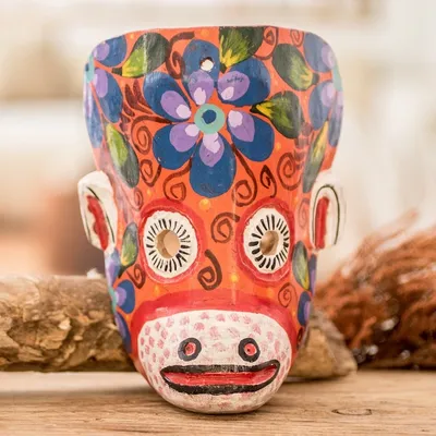 Alternate image for Hand-Painted Floral Monkey Pinewood Mask in Orange Monkeys Celebration