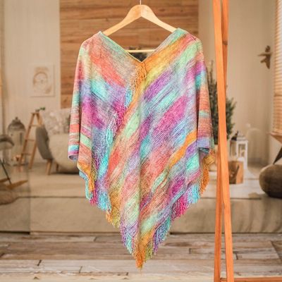 Alternate image for Pastel-Toned Handwoven Fringed Cotton and Rayon Blend Poncho Pastel Dreams
