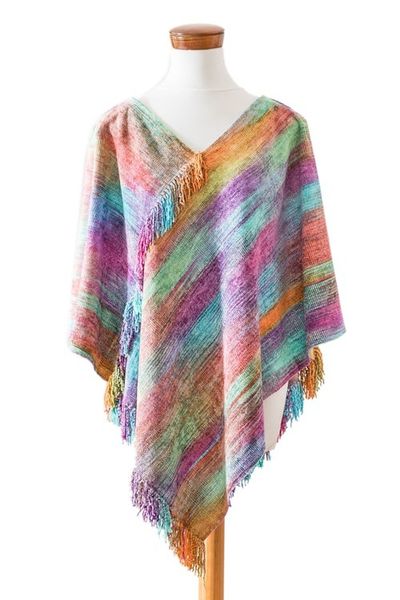 Alternate image for Pastel-Toned Handwoven Fringed Cotton and Rayon Blend Poncho Pastel Dreams
