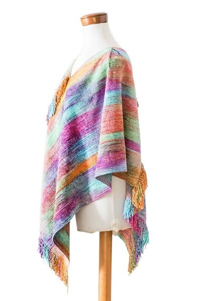 Alternate image for Pastel-Toned Handwoven Fringed Cotton and Rayon Blend Poncho Pastel Dreams