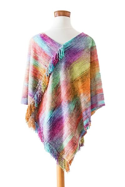 Alternate image for Pastel-Toned Handwoven Fringed Cotton and Rayon Blend Poncho Pastel Dreams