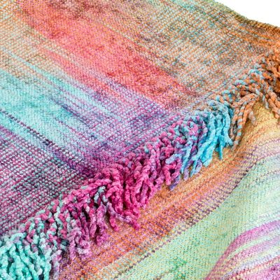 Alternate image for Pastel-Toned Handwoven Fringed Cotton and Rayon Blend Poncho Pastel Dreams