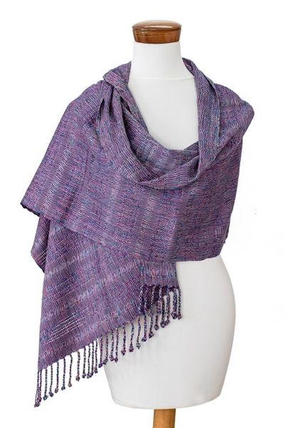 Alternate image for Purple Textured Fringed Cotton Scarf Hand-Woven in Guatemala Mystic Magenta