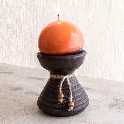 Alternate image for Brown Ceramic Candleholder with Handmade Orange Candle Natural Light in Orange