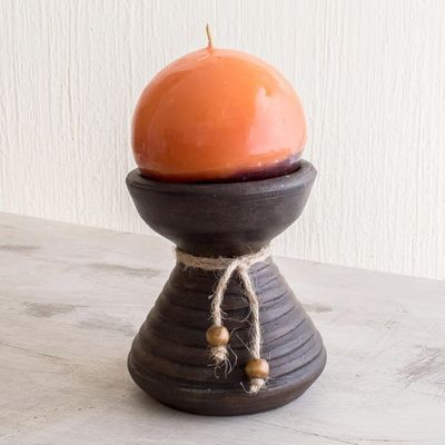 Alternate image for Brown Ceramic Candleholder with Handmade Orange Candle Natural Light in Orange