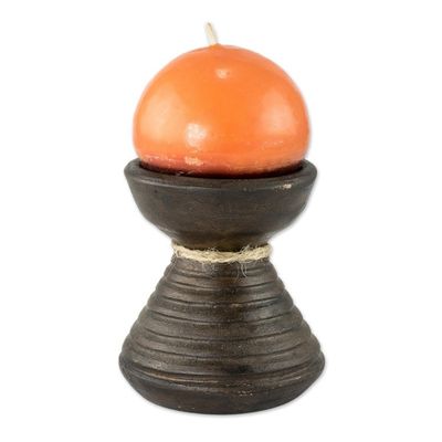 Alternate image for Brown Ceramic Candleholder with Handmade Orange Candle Natural Light in Orange