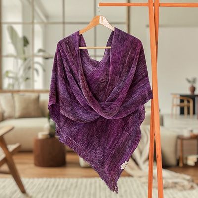 Alternate image for Cotton Blend Twisted Front Fringed Poncho in Purple Hues Purple Charm