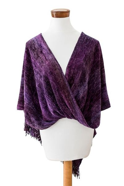 Alternate image for Cotton Blend Twisted Front Fringed Poncho in Purple Hues Purple Charm