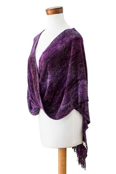 Alternate image for Cotton Blend Twisted Front Fringed Poncho in Purple Hues Purple Charm