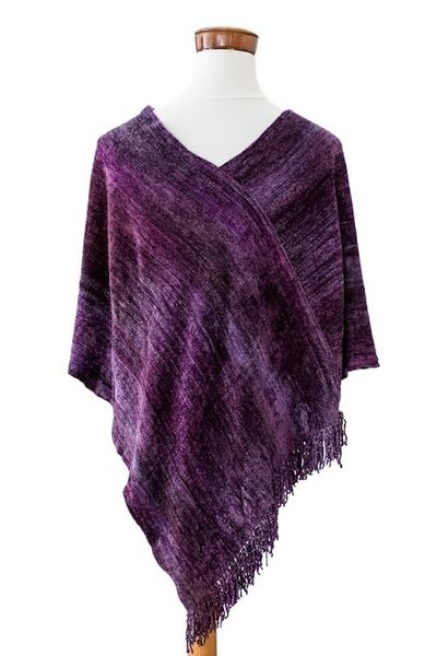 Alternate image for Cotton Blend Twisted Front Fringed Poncho in Purple Hues Purple Charm