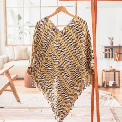 Alternate image for Guatemalan Artisan-Made Handwoven Cotton Poncho with Fringes Path to Bliss