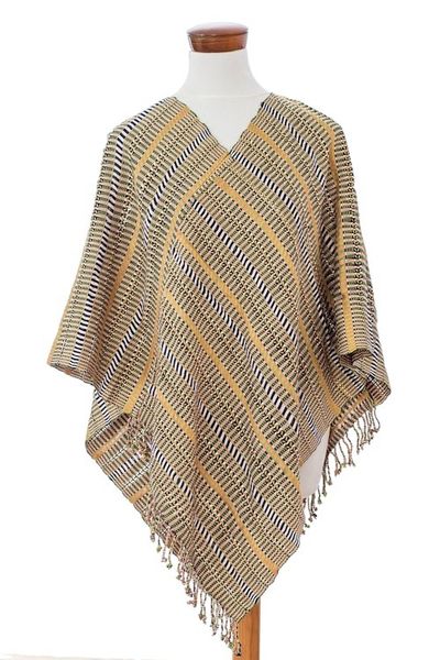 Alternate image for Guatemalan Artisan-Made Handwoven Cotton Poncho with Fringes Path to Bliss