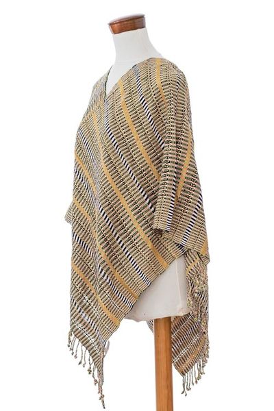 Alternate image for Guatemalan Artisan-Made Handwoven Cotton Poncho with Fringes Path to Bliss