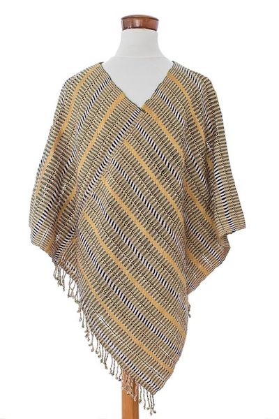 Alternate image for Guatemalan Artisan-Made Handwoven Cotton Poncho with Fringes Path to Bliss