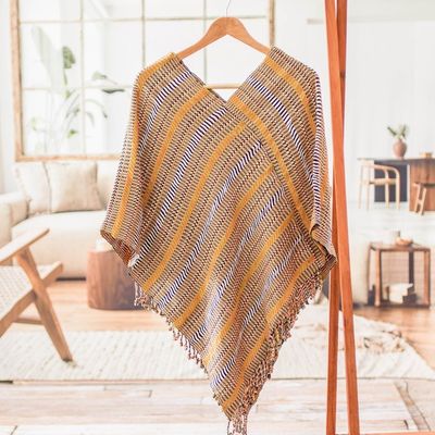 Alternate image for Handloomed Striped Fringed Cotton Poncho Woven in Guatemala Path to Joy