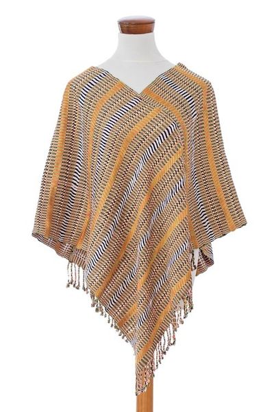 Alternate image for Handloomed Striped Fringed Cotton Poncho Woven in Guatemala Path to Joy
