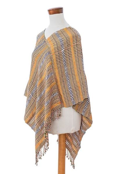 Alternate image for Handloomed Striped Fringed Cotton Poncho Woven in Guatemala Path to Joy
