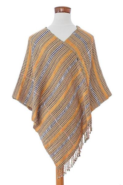 Alternate image for Handloomed Striped Fringed Cotton Poncho Woven in Guatemala Path to Joy