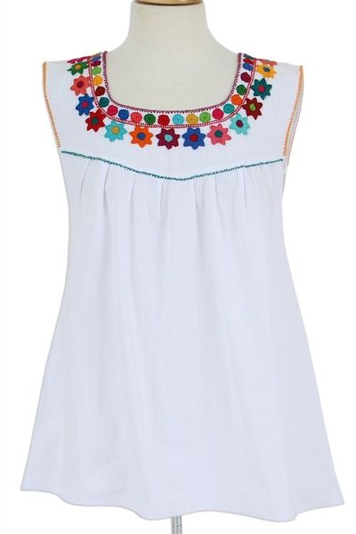 Alternate image for White with Colorful Embroidery Cotton Sleeveless Blouse Daisy Daydream