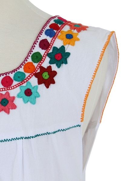 Alternate image for White with Colorful Embroidery Cotton Sleeveless Blouse Daisy Daydream