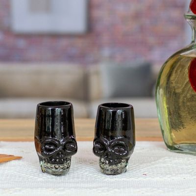 Alternate image for 2 Handblown Recycled Glass Black Skull Tequila Glasses Black Mexican Skull