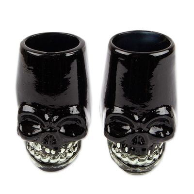 Alternate image for 2 Handblown Recycled Glass Black Skull Tequila Glasses Black Mexican Skull