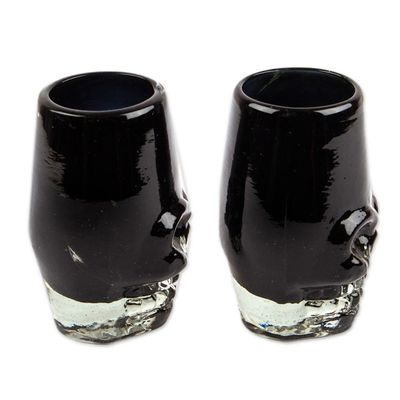 Alternate image for 2 Handblown Recycled Glass Black Skull Tequila Glasses Black Mexican Skull