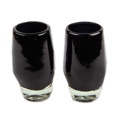 Alternate image for 2 Handblown Recycled Glass Black Skull Tequila Glasses Black Mexican Skull