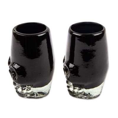Alternate image for 2 Handblown Recycled Glass Black Skull Tequila Glasses Black Mexican Skull