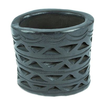 Alternate image for Mexican Handmade Barro Negro Black Ceramic Mini Flower Pot Oval Half Diamonds