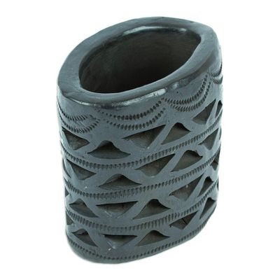 Alternate image for Mexican Handmade Barro Negro Black Ceramic Mini Flower Pot Oval Half Diamonds