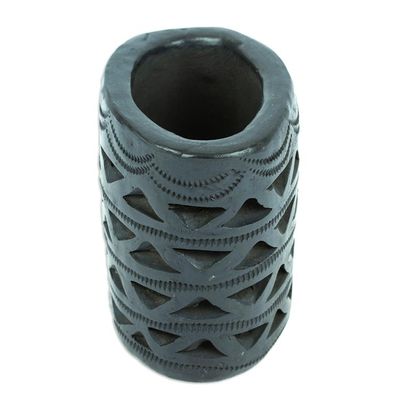 Alternate image for Mexican Handmade Barro Negro Black Ceramic Mini Flower Pot Oval Half Diamonds