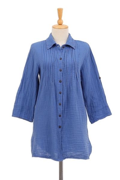 Alternate image for Blue Cotton Gauze Shirt from Thailand Periwinkle Pintucks