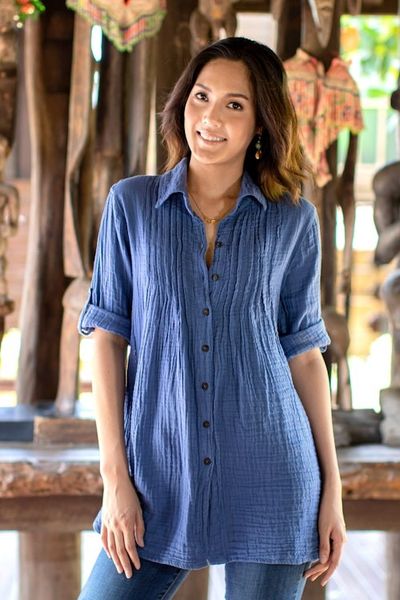 Alternate image for Blue Cotton Gauze Shirt from Thailand Periwinkle Pintucks