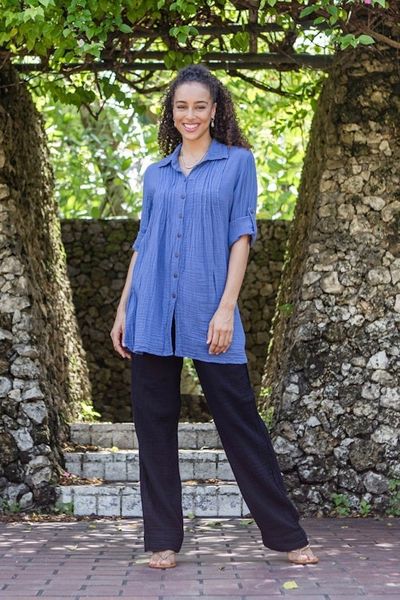 Alternate image for Blue Cotton Gauze Shirt from Thailand Periwinkle Pintucks