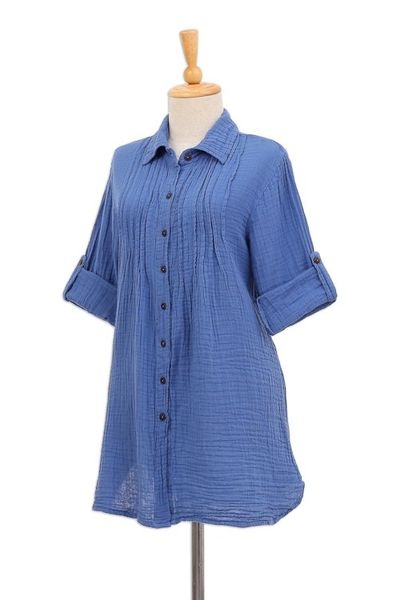 Alternate image for Blue Cotton Gauze Shirt from Thailand Periwinkle Pintucks