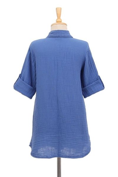 Alternate image for Blue Cotton Gauze Shirt from Thailand Periwinkle Pintucks