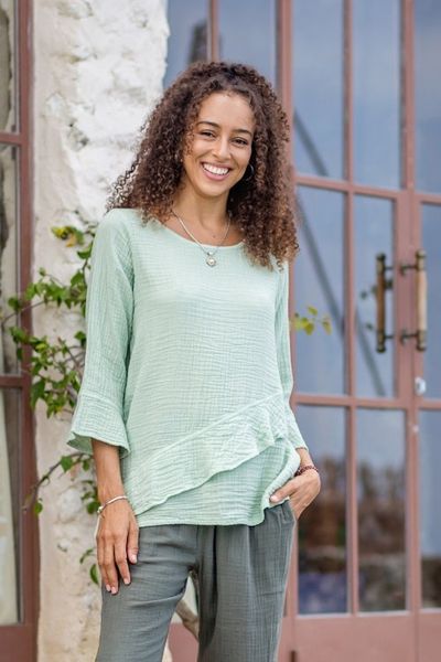 Alternate image for Asymmetrical Cut Mint Cotton Gauze Blouse Made in Thailand Mint Ruffles