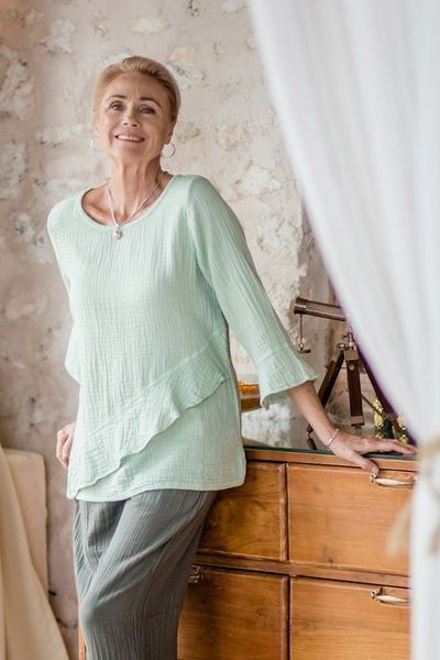 Alternate image for Asymmetrical Cut Mint Cotton Gauze Blouse Made in Thailand Mint Ruffles