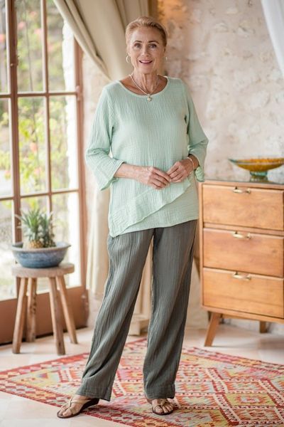 Alternate image for Asymmetrical Cut Mint Cotton Gauze Blouse Made in Thailand Mint Ruffles