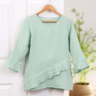 Alternate image for Asymmetrical Cut Mint Cotton Gauze Blouse Made in Thailand Mint Ruffles