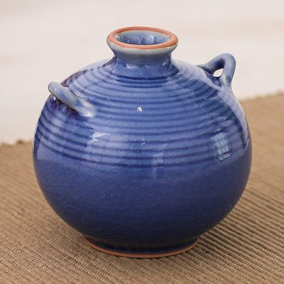 Alternate image for Handmade Celadon Ceramic Vase in Blue with Circular Patterns Thai Circles