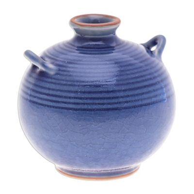 Alternate image for Handmade Celadon Ceramic Vase in Blue with Circular Patterns Thai Circles