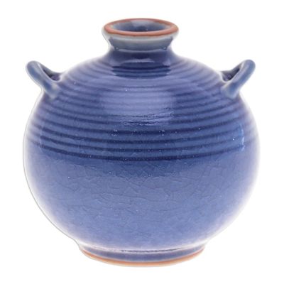 Alternate image for Handmade Celadon Ceramic Vase in Blue with Circular Patterns Thai Circles