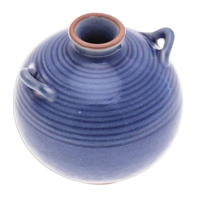 Alternate image for Handmade Celadon Ceramic Vase in Blue with Circular Patterns Thai Circles