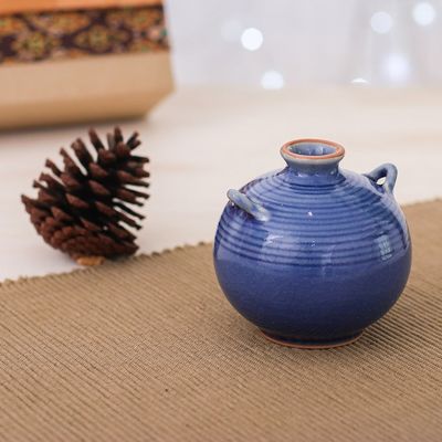 Alternate image for Handmade Celadon Ceramic Vase in Blue with Circular Patterns Thai Circles